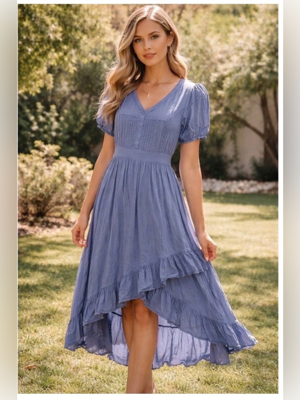 Baltic Born Blue V-Neck Ruffled High-Low Dress